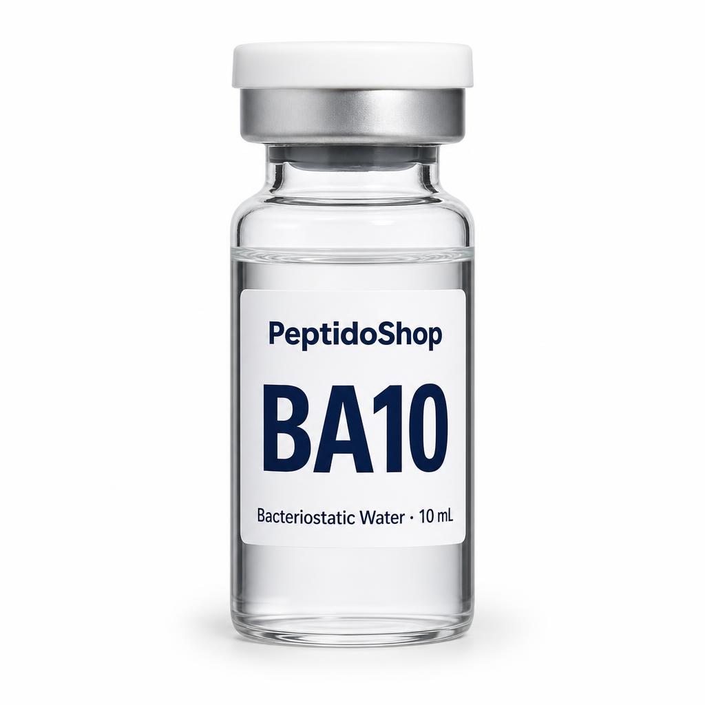 Vial labeled BA10 by PeptidoShop with 'Bacteriostatic Water • 10 mL' on the label