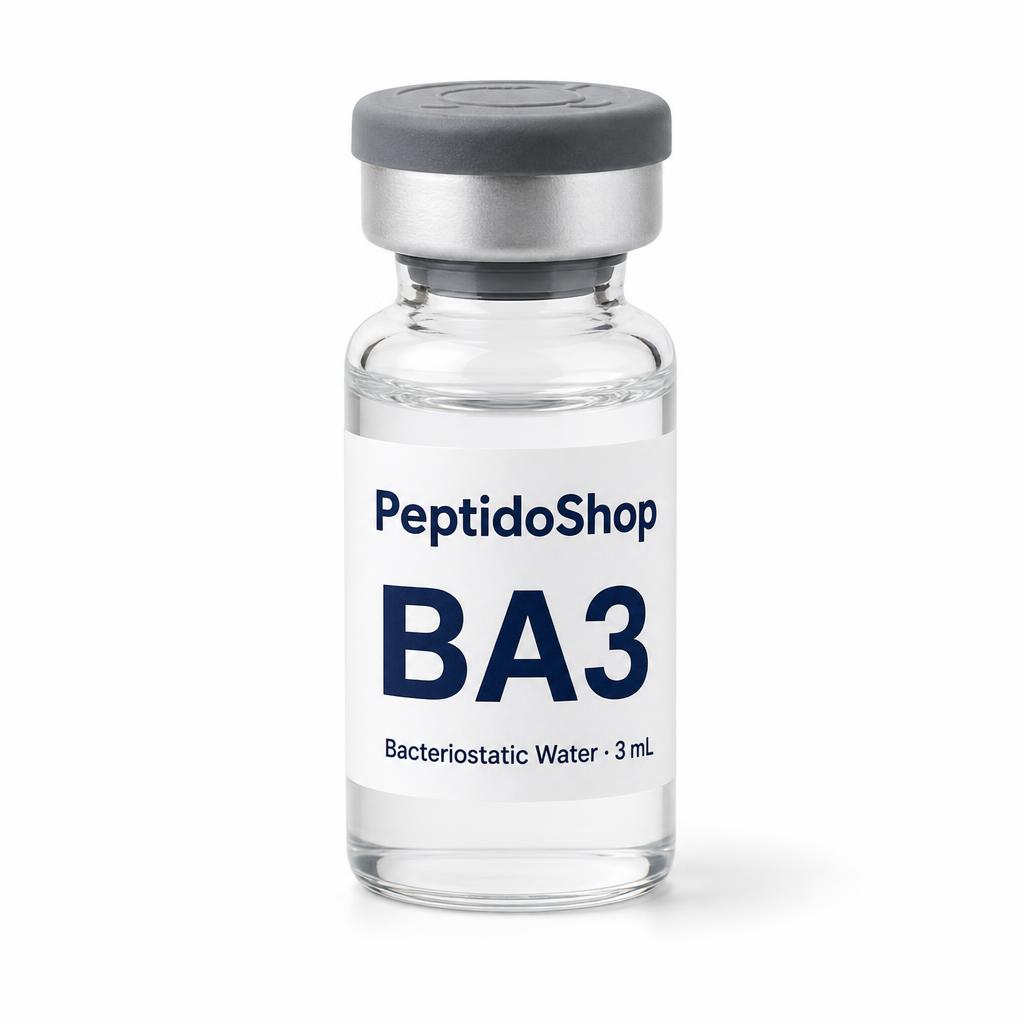 Glass vial labeled 'BA3' with gray cap; reads 'Bacteriostatic Water · 3 mL' from PeptidoShop.