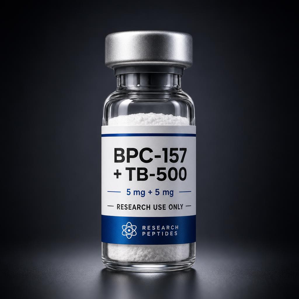 Vial labeled BPC-157 + TB-500 containing white powder; notes say 5 mg + 5 mg, research use only, against a dark background.