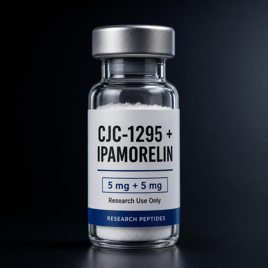 Glass vial with white powder and label reading 'CJC-1295 + IPAMORELIN', '5 mg + 5 mg', 'Research Use Only' against a dark background.