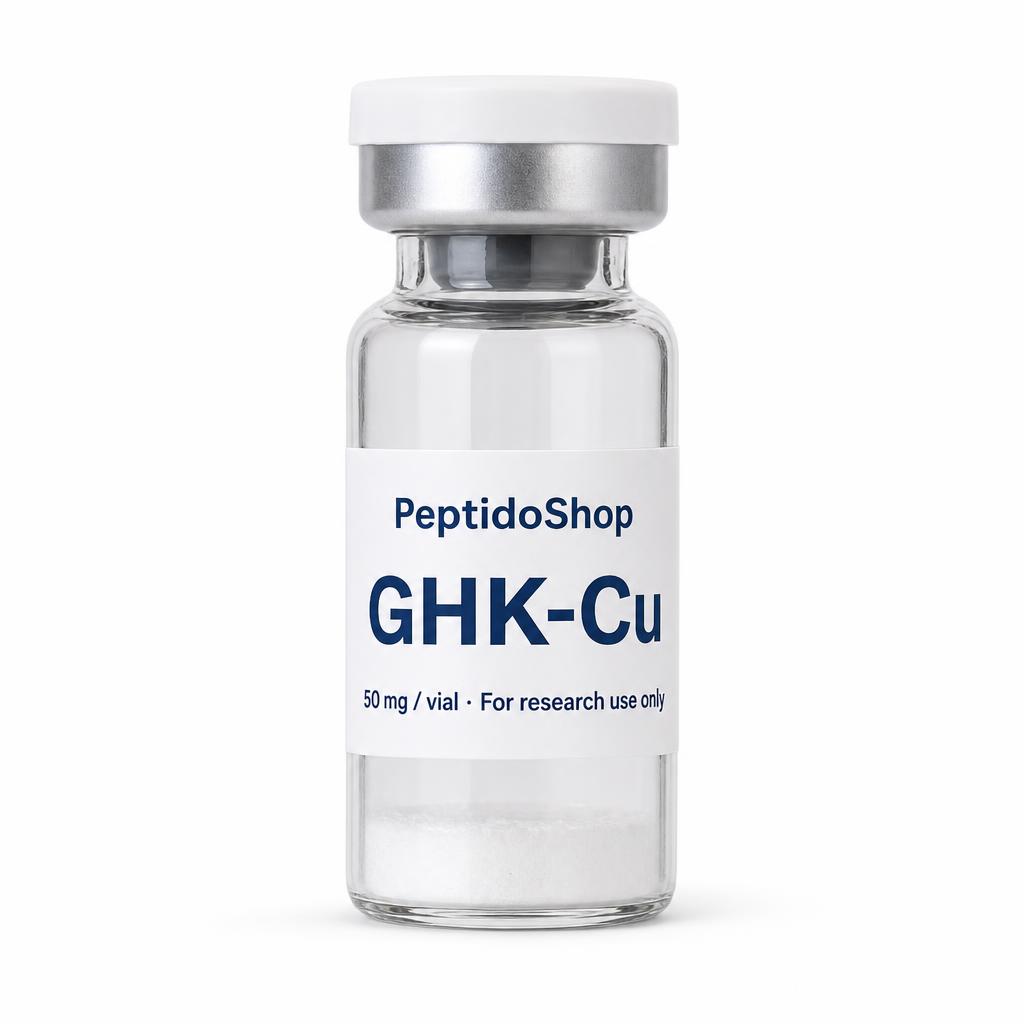 Clear glass vial labeled 'GHK-Cu' from PeptideShop, for research use only, 50 mg per vial, set against a white background.