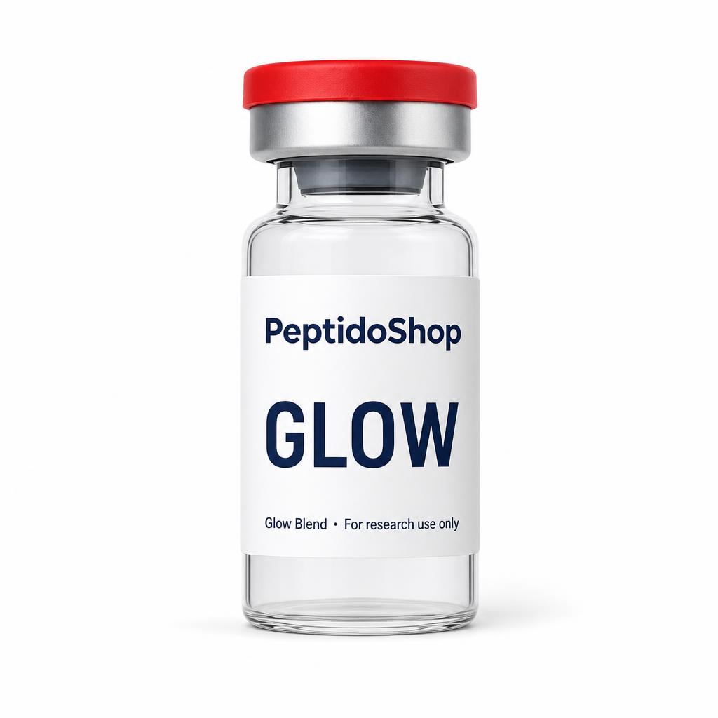 Clear glass vial with a red cap labeled 'PeptidoShop GLOW'—Glow Blend for research use only.