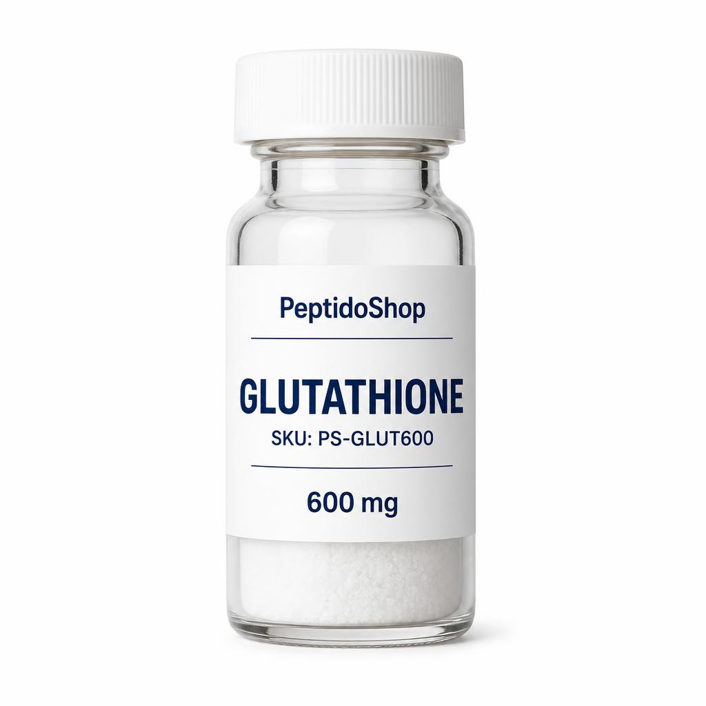 Clear glass bottle labeled Glutathione supplement from PeptidoShop, 600 mg per capsule (SKU PS-GLUT600).