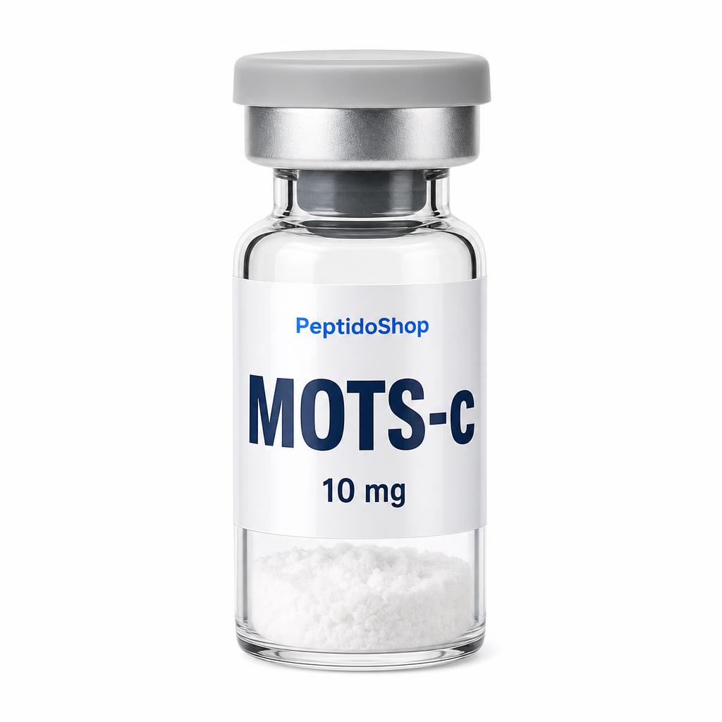 Vial of MOTS-C powder, 10 mg, labeled PeptidoShop, with a gray cap and clear glass body showing white powder at the bottom.