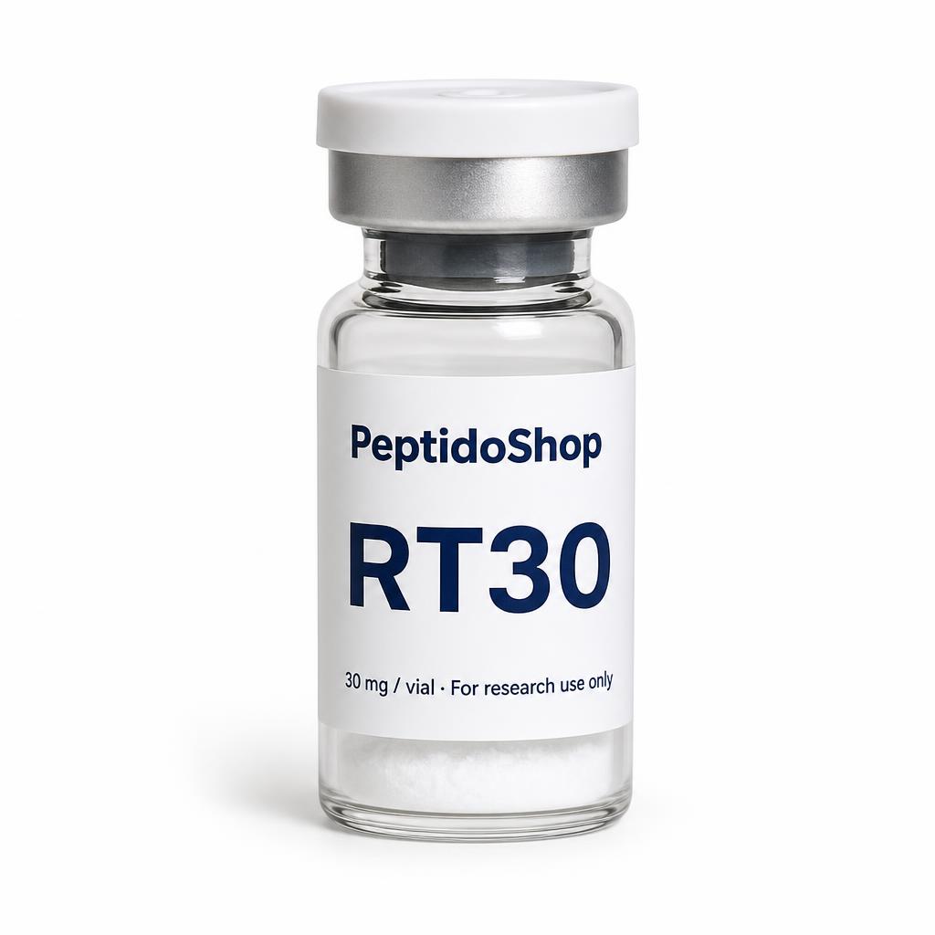 Vial labeled RT30 from PeptidoShop, containing a white powder for research use only (30 mg)
