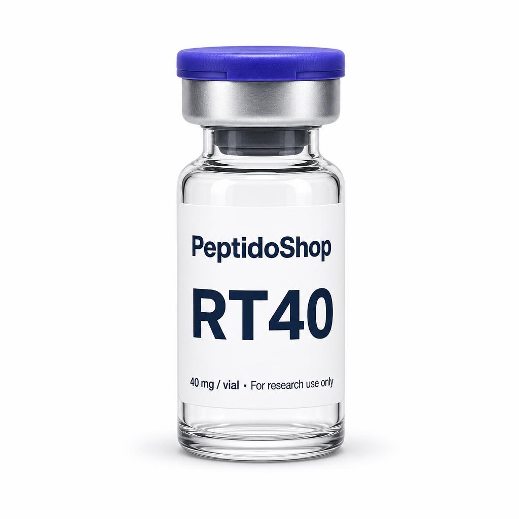 Clear glass vial with a purple cap labeled 'PeptidoShop RT40'—40 mg per vial, for research use only