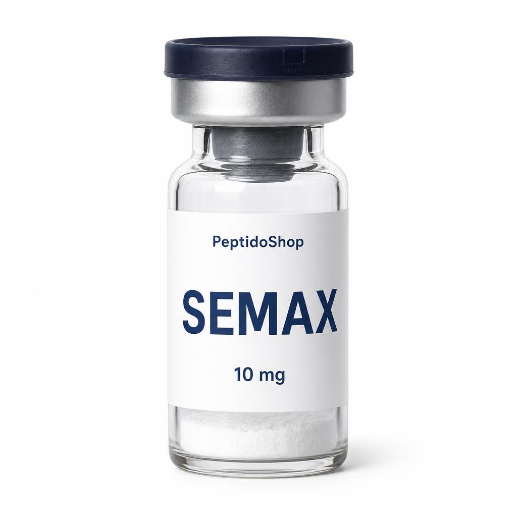 Clear glass vial with white powder at the bottom; label reads SEMAX 10 mg from PeptideShop.